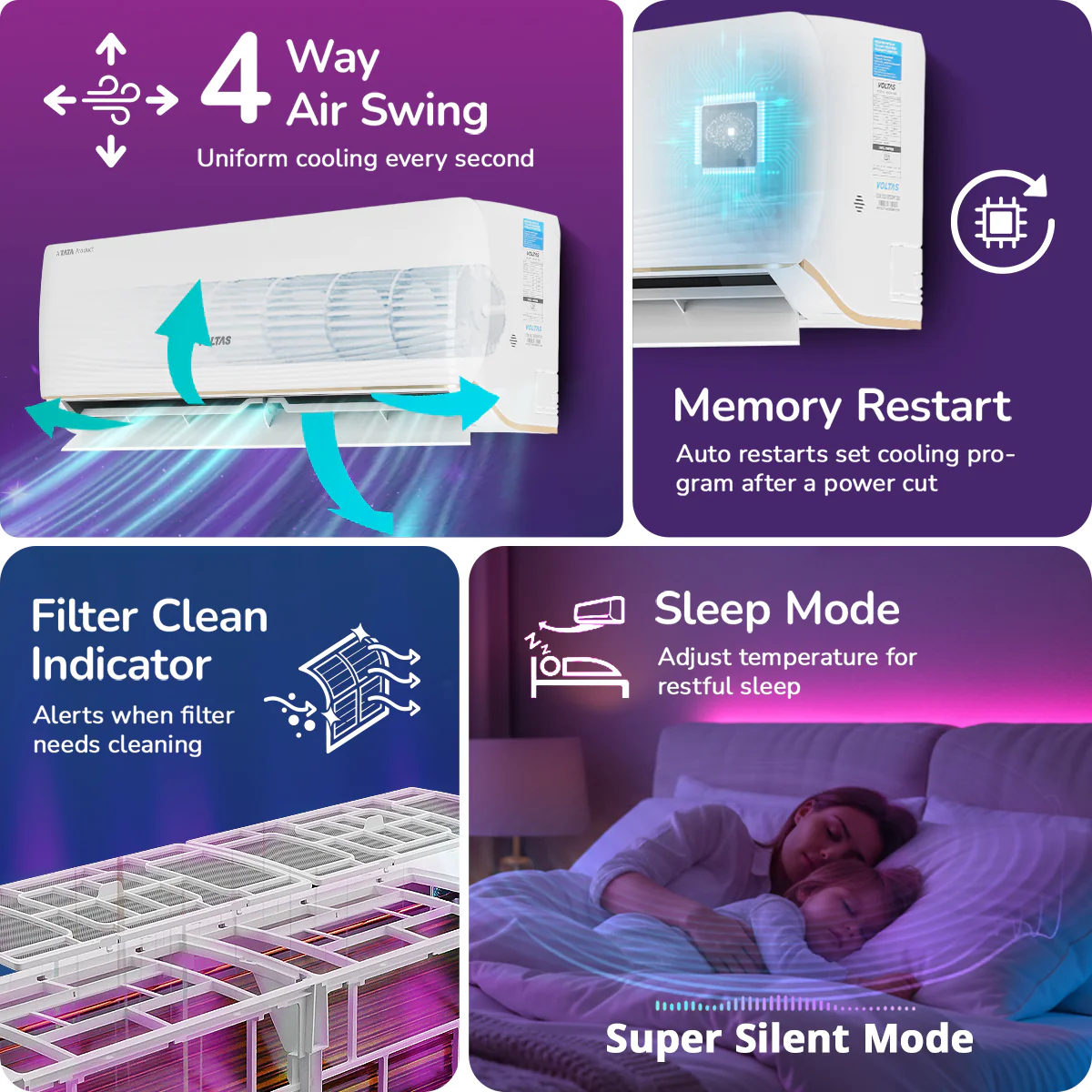 Voltas Split Air Conditioner, 1 Ton, 3 Star - 123INV Vertis AI Zest Gold - Image 10