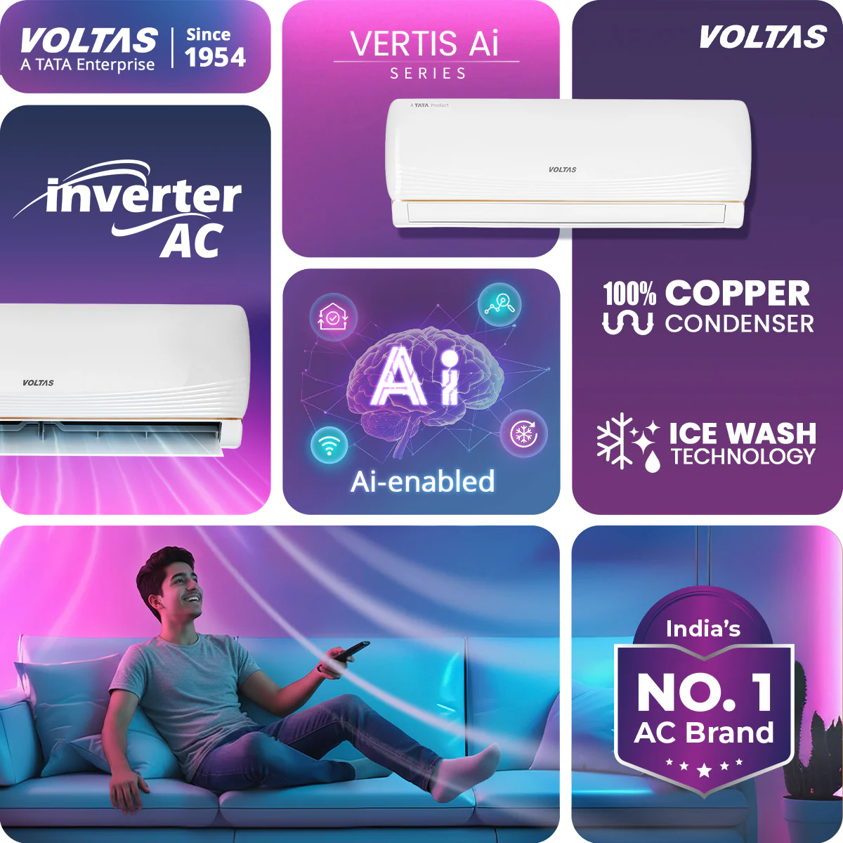 Voltas Split Air Conditioner, 1 Ton, 3 Star - 123INV Vertis AI Zest Gold - Image 3