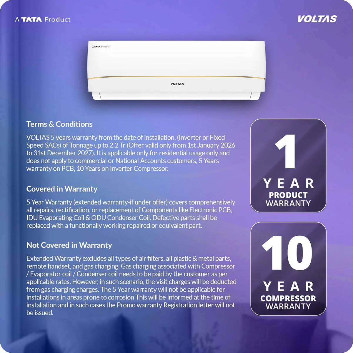 Voltas Split Air Conditioner, 1.5 Ton, 3 Star - 183INV Vertis Zenith Gold - Image 14