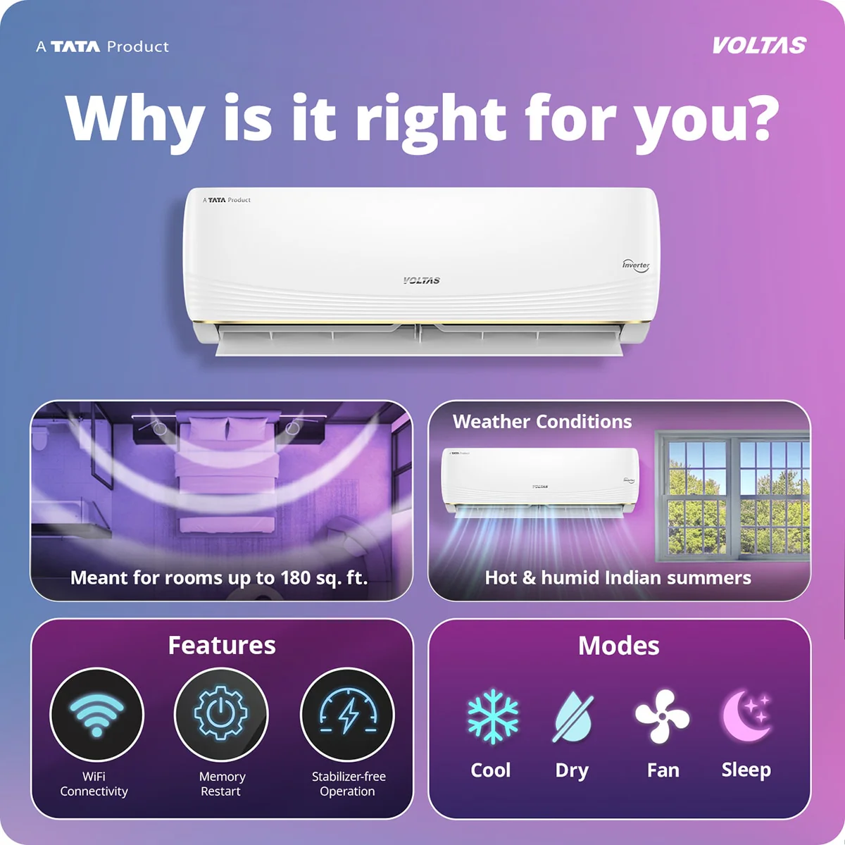 Voltas Split Air Conditioner, 1.5 Ton, 5 Star - 185INV Vertis AI Zest Gold - Image 3