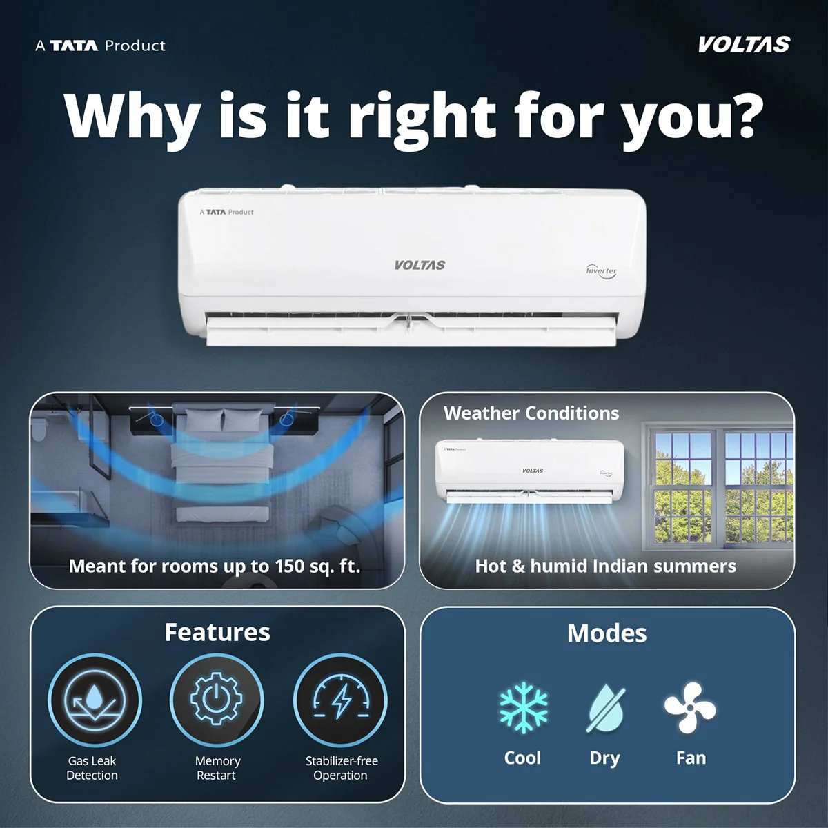 Voltas Split Air Conditioner, 1 Ton, 2 Star - 122FS Emerald - Image 3