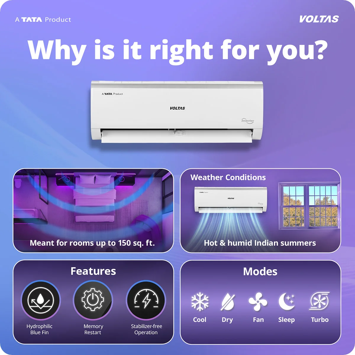 Voltas Split Air Conditioner, 1 Ton, 3 Star - 123INV Vertis Elite - Image 3