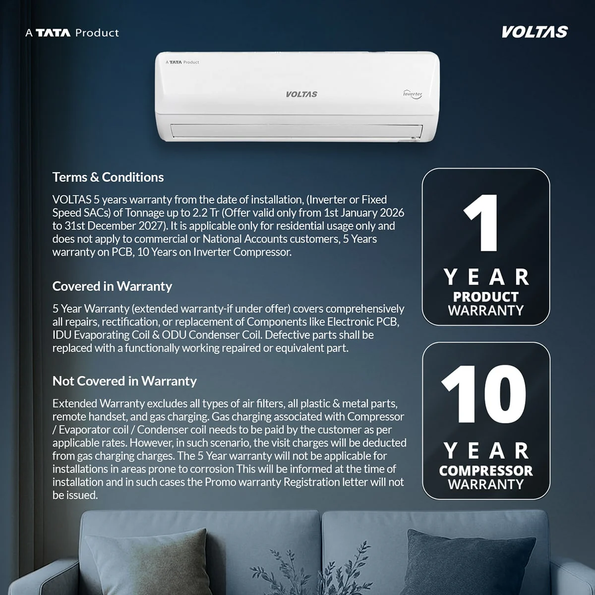 Voltas Split Air Conditioner, 2 Ton, 3 Star - 243INVHC Vectra Emerald - Image 13